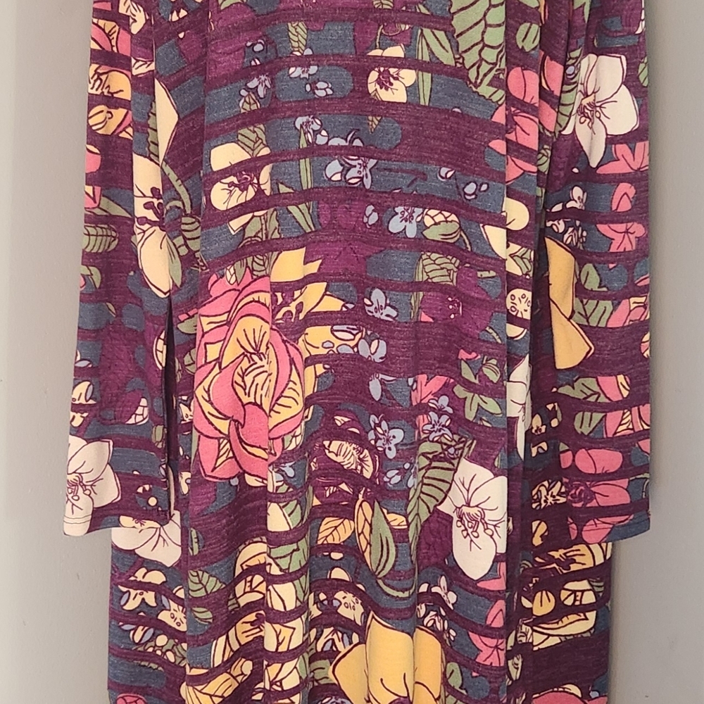 LuLaRoe Janet duster cardigan featuring a purple, floral, and Striped Pattern - Picture 4 of 14